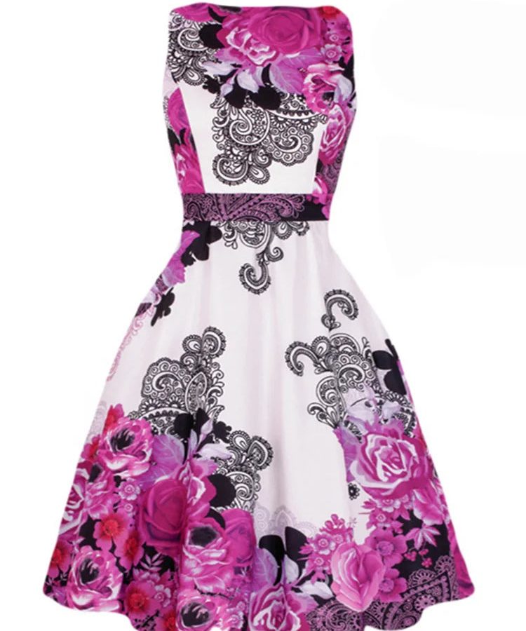 Sleeveless Cotton Rockabilly Dress Robe Femme Retro Casual Knee Length Office Floral Bird Animal Print Christmas 50s Party