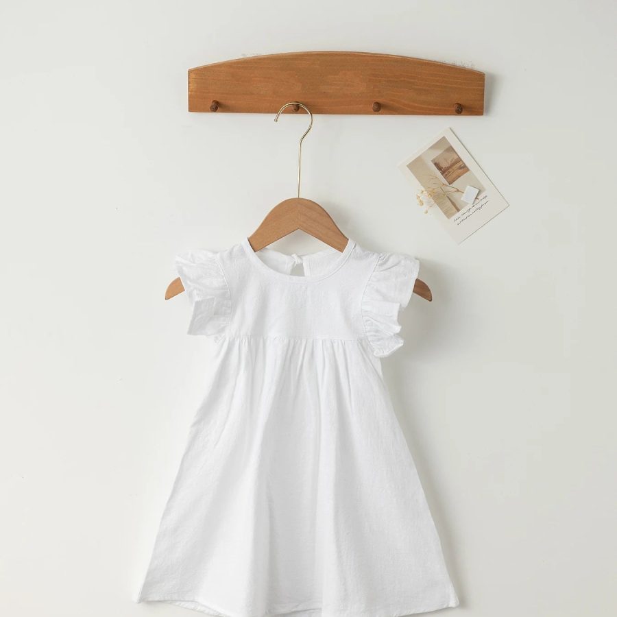 Baby Girls Flying Sleeve Dress Tie-back Overall Dress Cotton Kids Casual
