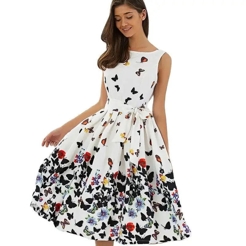 Crewneck sleeveless garden print women's pleated lace-up dress with playful cute mid-length dress
